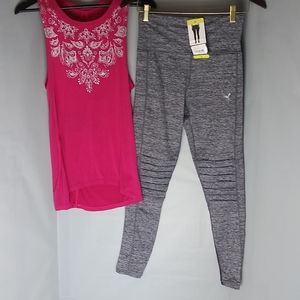 Set of NWT Puma Dark Grey Moto Tight w/Pink Gaiam Used Keyhole Back Yoga Tank XS